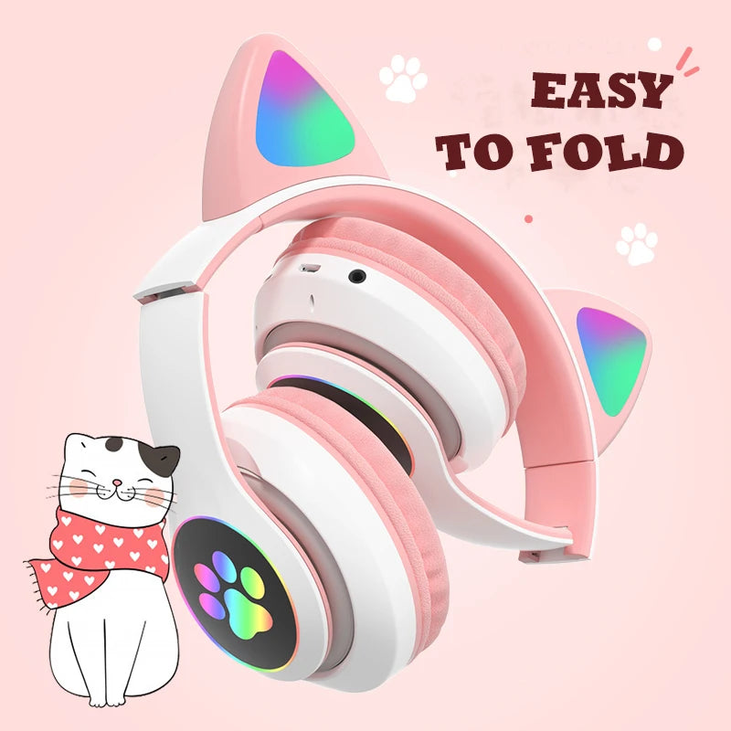 Flash Lamp Cute Cat Ears Headphone Bluetooth5.0 Stereo with Mic Support TF Card Wireless Kids Girl Earphone Birthday Gift