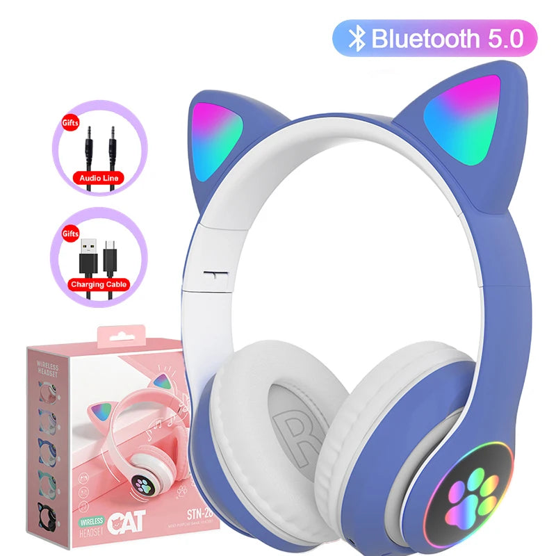 Flash Lamp Cute Cat Ears Headphone Bluetooth5.0 Stereo with Mic Support TF Card Wireless Kids Girl Earphone Birthday Gift
