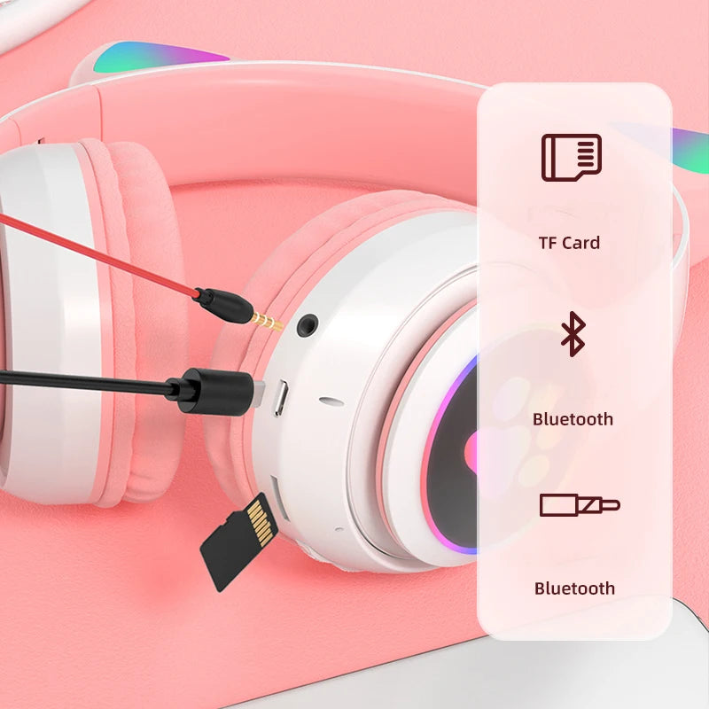 Flash Lamp Cute Cat Ears Headphone Bluetooth5.0 Stereo with Mic Support TF Card Wireless Kids Girl Earphone Birthday Gift