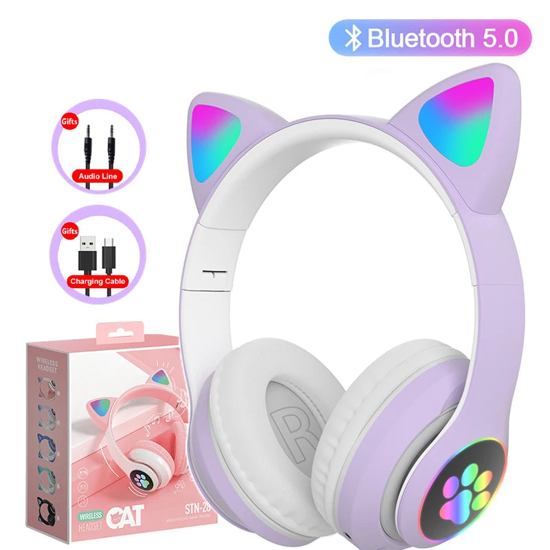 Flash Lamp Cute Cat Ears Headphone Bluetooth5.0 Stereo with Mic Support TF Card Wireless Kids Girl Earphone Birthday Gift