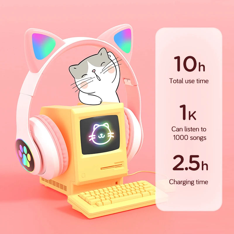Flash Lamp Cute Cat Ears Headphone Bluetooth5.0 Stereo with Mic Support TF Card Wireless Kids Girl Earphone Birthday Gift