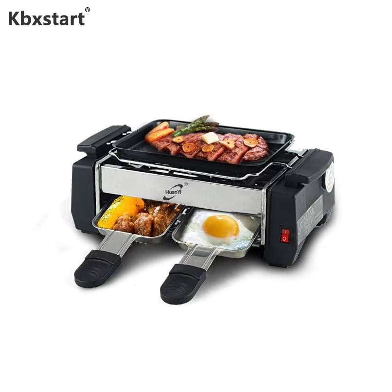 1000W Non-Stick Barbecue Grill Electric Raclette Grill for 2 Couples Family Smokeless BBQ Grill Raclette Pan Electric Griddle