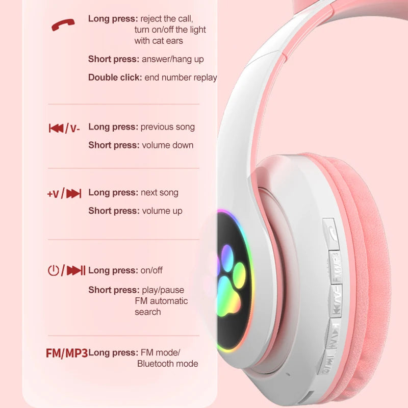 Flash Lamp Cute Cat Ears Headphone Bluetooth5.0 Stereo with Mic Support TF Card Wireless Kids Girl Earphone Birthday Gift