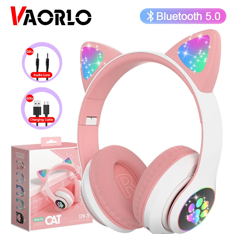 Flash Lamp Cute Cat Ears Headphone Bluetooth5.0 Stereo with Mic Support TF Card Wireless Kids Girl Earphone Birthday Gift