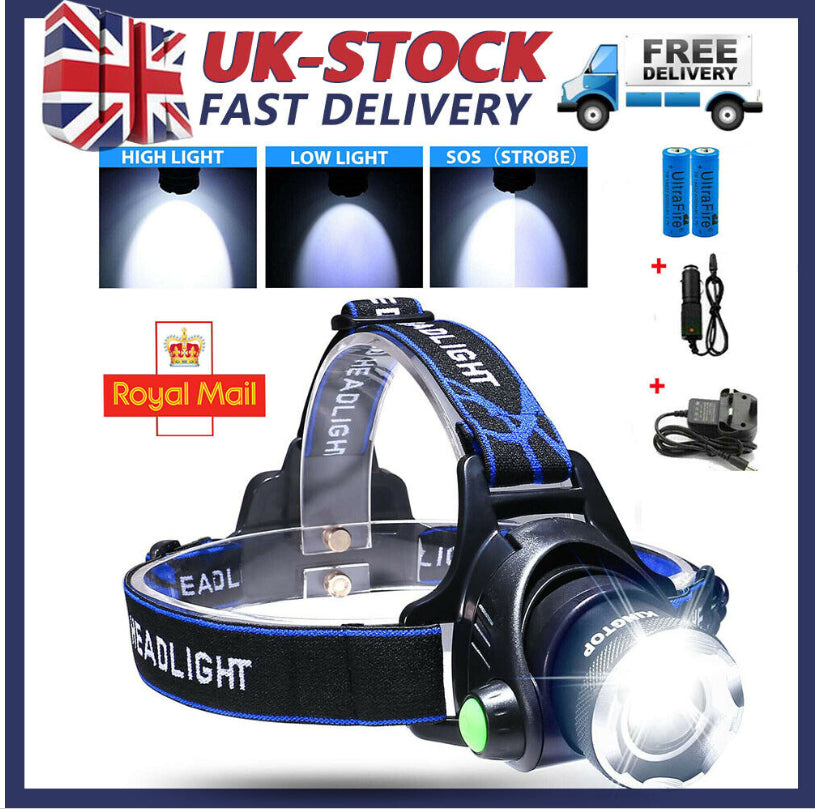 T6 Headlamp Rechargeable 350000LM LED Zoom Headlight Head Torch USB Line New UK