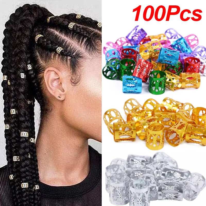 100Pcs Gold and Silver Dreadlock Hair Rings Adjustable Cuff Clip Hair Braids Dirty Braids Beads Hairpin Jewelry Hair Accessories