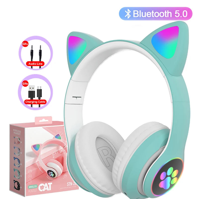 Flash Lamp Cute Cat Ears Headphone Bluetooth5.0 Stereo with Mic Support TF Card Wireless Kids Girl Earphone Birthday Gift