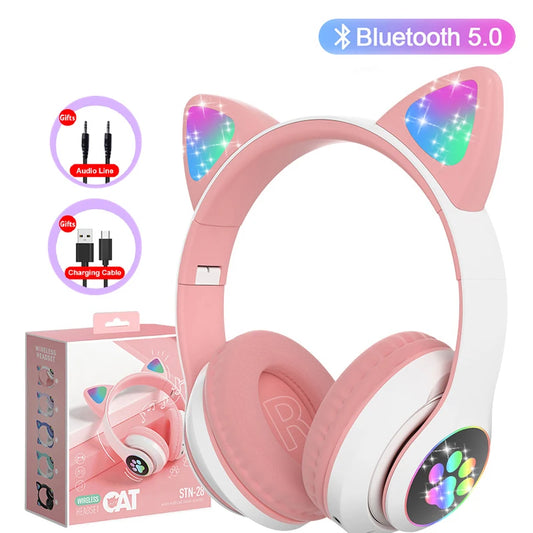 Flash Lamp Cute Cat Ears Headphone Bluetooth5.0 Stereo with Mic Support TF Card Wireless Kids Girl Earphone Birthday Gift