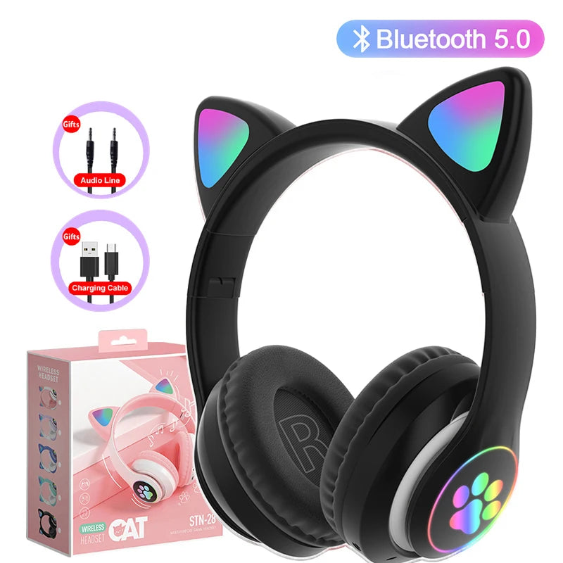 Flash Lamp Cute Cat Ears Headphone Bluetooth5.0 Stereo with Mic Support TF Card Wireless Kids Girl Earphone Birthday Gift