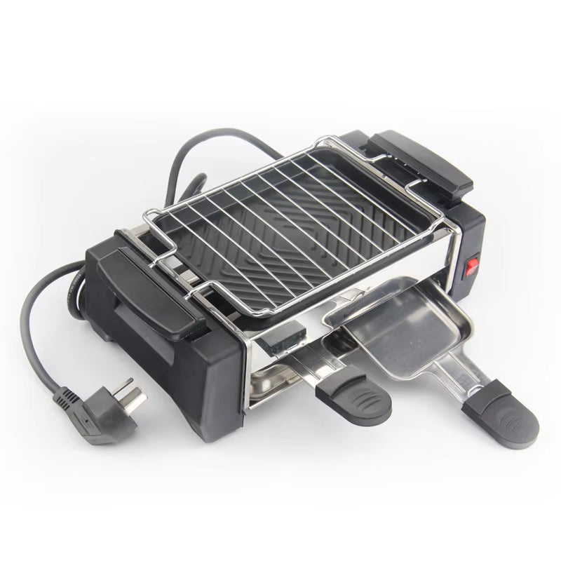 1000W Non-Stick Barbecue Grill Electric Raclette Grill for 2 Couples Family Smokeless BBQ Grill Raclette Pan Electric Griddle
