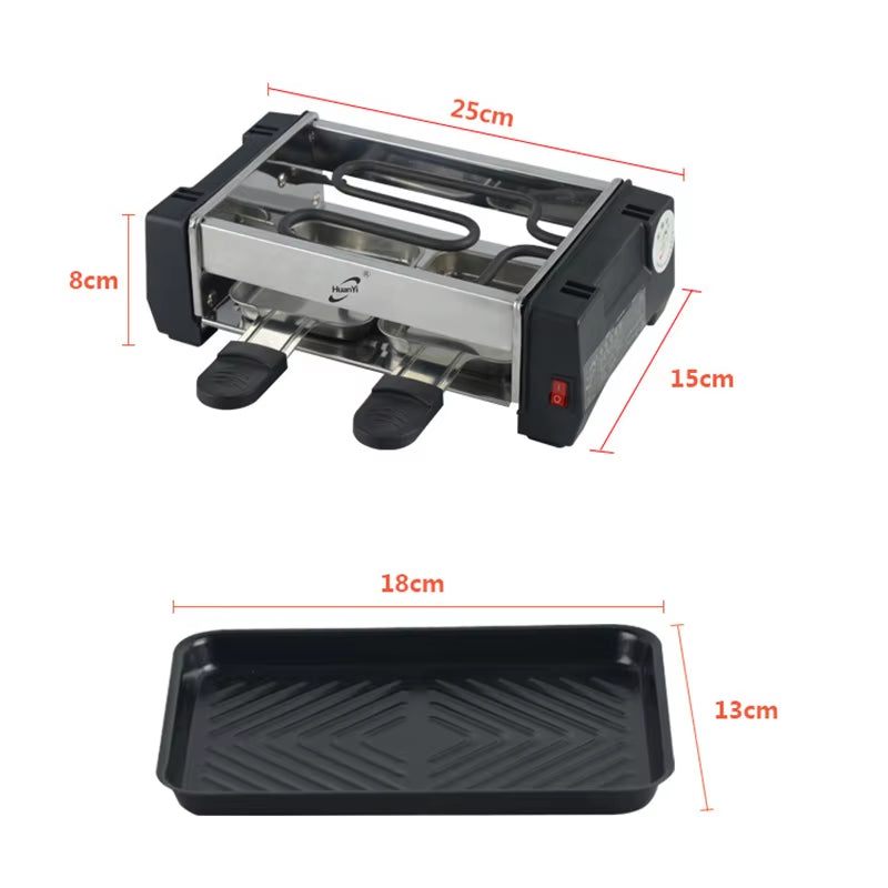 1000W Non-Stick Barbecue Grill Electric Raclette Grill for 2 Couples Family Smokeless BBQ Grill Raclette Pan Electric Griddle